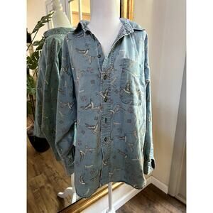 Ruff Hewn Denim Button Up Shirt with all over Bird and geometric Print Sz Large